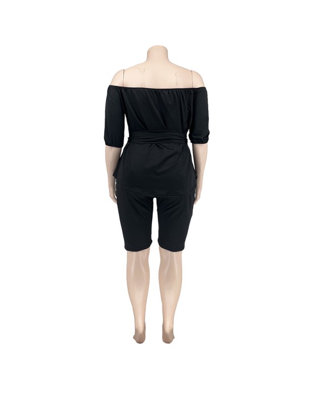 Solid Color Plus Size Women's Independent Stand One Shoulder Two Piece Set YM8627