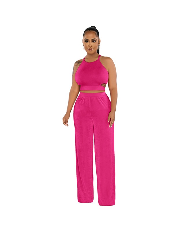 Women's Halter Cross-Strap Solid Color Wide-Leg Pants Two Piece Set 9428