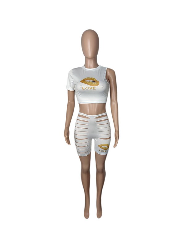Cut Out Pants Women One Sleeve Crop Top Sexy Two Piece Set M062