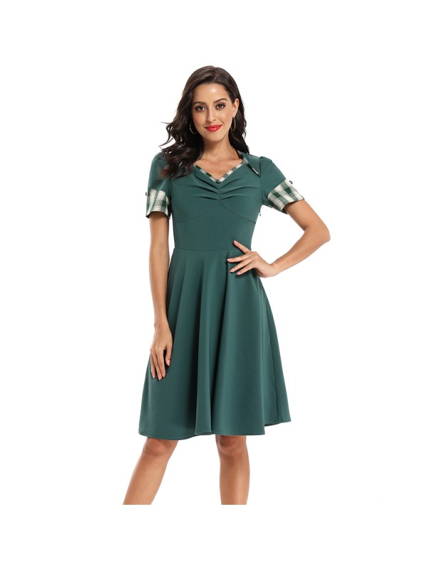 Color Contrast Dark Green Tuck Your Waist And Look Thin Dress Lady CD1769