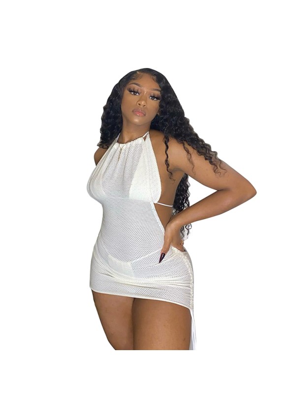 Pure Color Mesh Tight-Fitting Straps Sexy Mini Bikini Swimsuit Three Piece Set M076