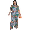 Plus Size Short Sleeved Printing Shoulder Two Piece Long Pants Set 8615