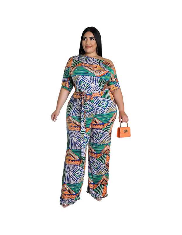 Plus Size Short Sleeved Printing Shoulder Two Piece Long Pants Set 8615