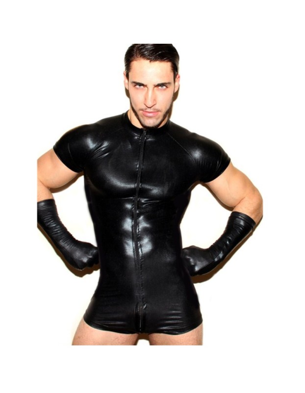 Mens Mesh Lingerie Bodysuits Sexy Catsuit Latex Stretch PVC Jumpsuit M6016