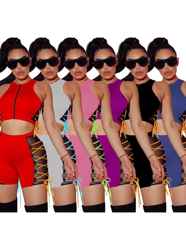 Sleeveless Tops Women Summer Mesh Two Piece Set M043