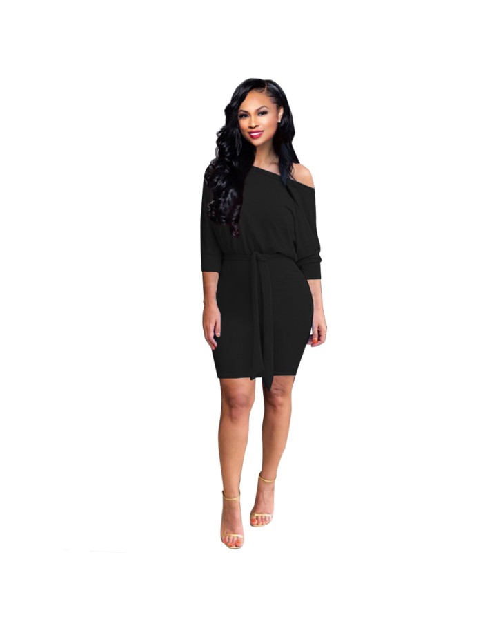 Women-fashion-batter-sleeve-solid-color-dress M8466