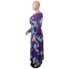 Full Sleeve Belted V-neck Floral Print Boho Chiffon Dress M8450
