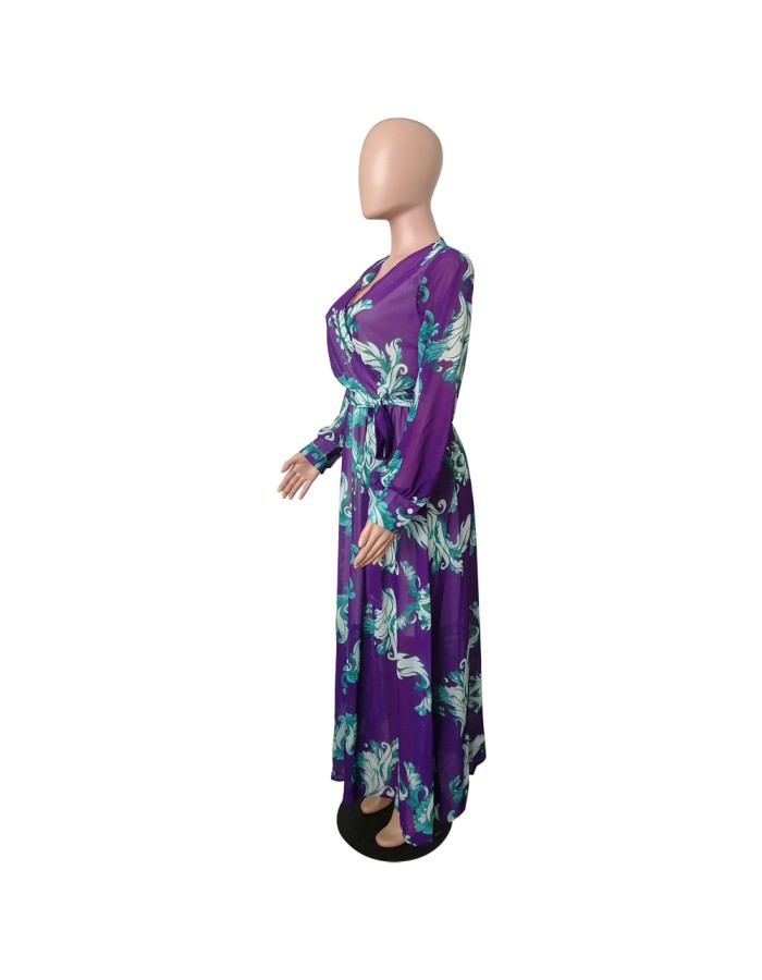 Full Sleeve Belted V-neck Floral Print Boho Chiffon Dress M8450