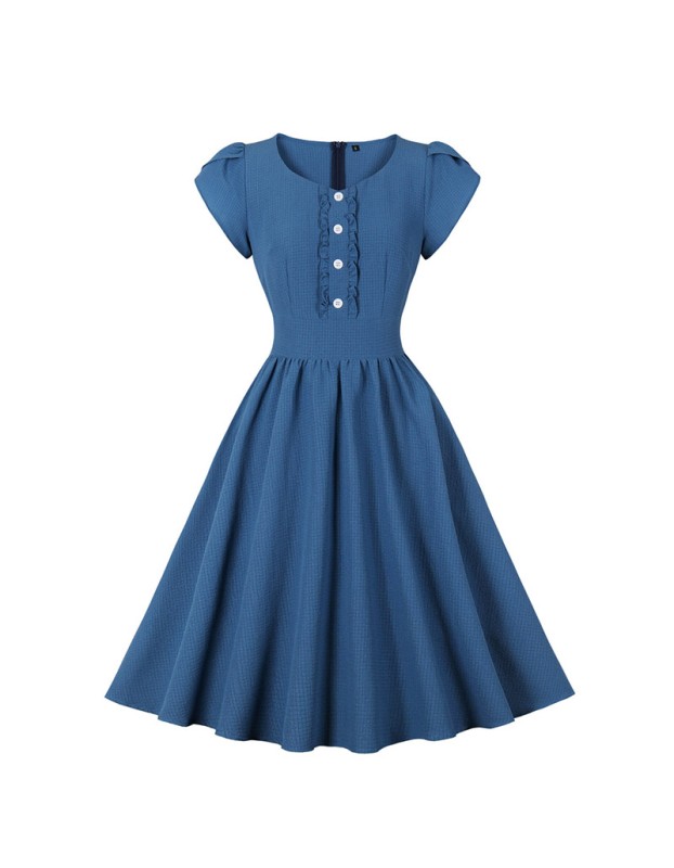Vintage Women Bubble Short Sleeve Button Design Big Swing Mid Length Dress 5043