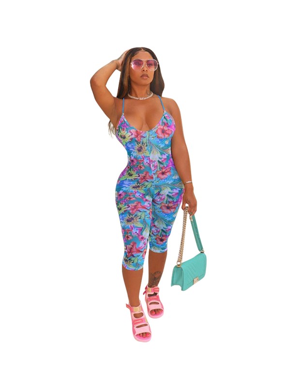 V-neck floral print halter sexy women romper jumpsuit M30123