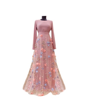 Three Dimensional Flower Hollow Splicing Evening Gowns Long Ladies Dress 21402