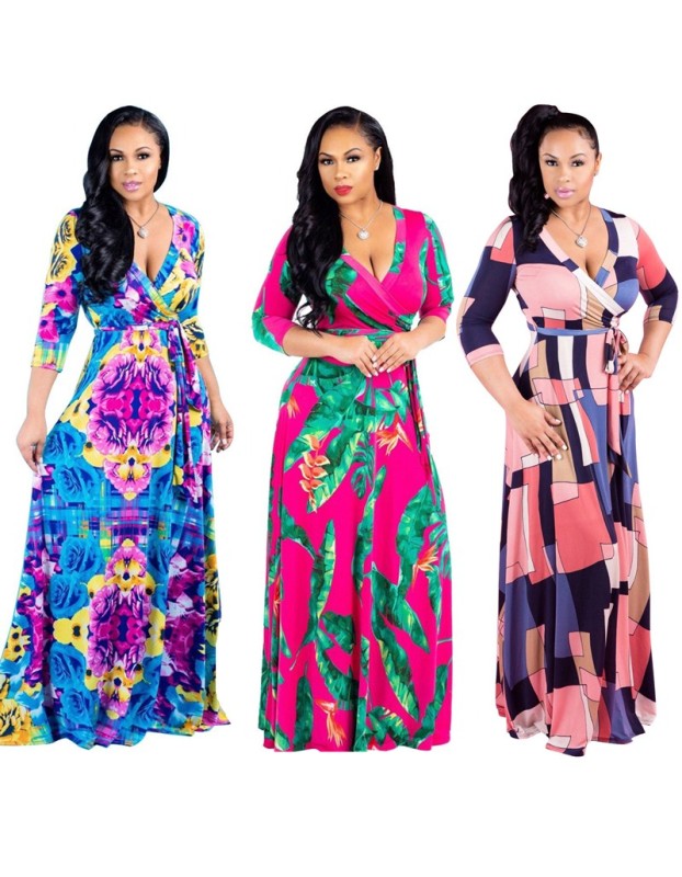 Plus Size Sexy Casual Robe Boho Party Club Long Maxi Dress Print Dress m8435