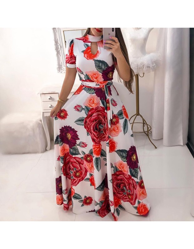 Casual Short Sleeve Long Boho Floral Print Maxi Dress M8410