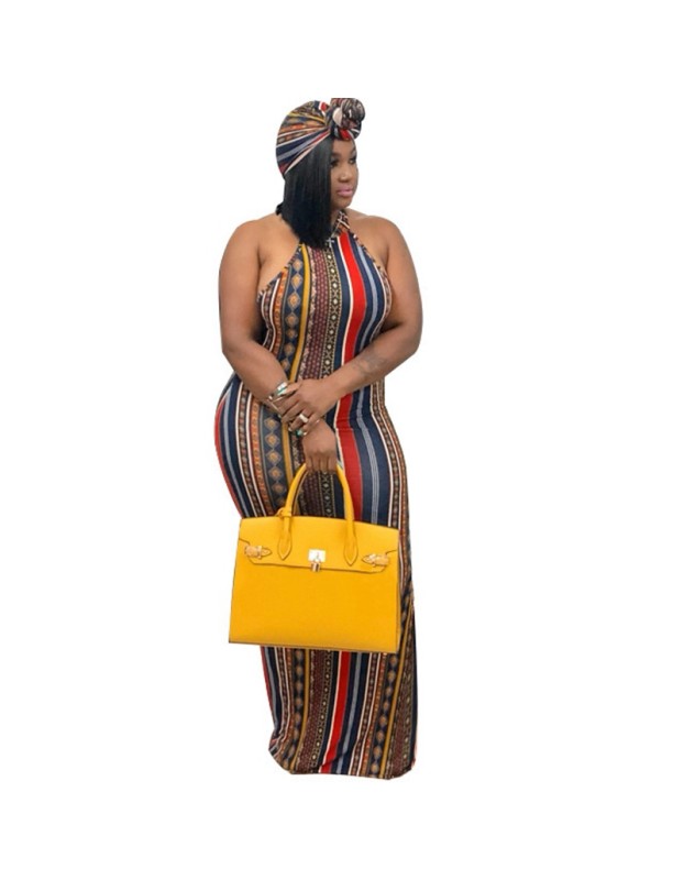 High Stretch Sexy Striped Bodycon Dress With Head Scarf M8288