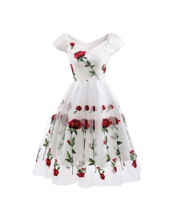 White And Black Mesh Sexy Transparent Rose Elegant Women Evening Print Dresses CD1609