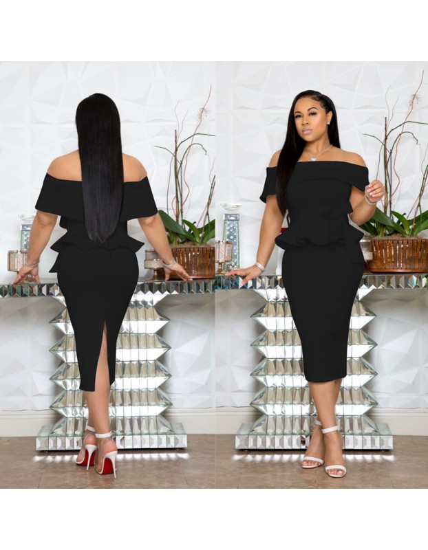Sexy off shoulder ruffle women office dress M8402