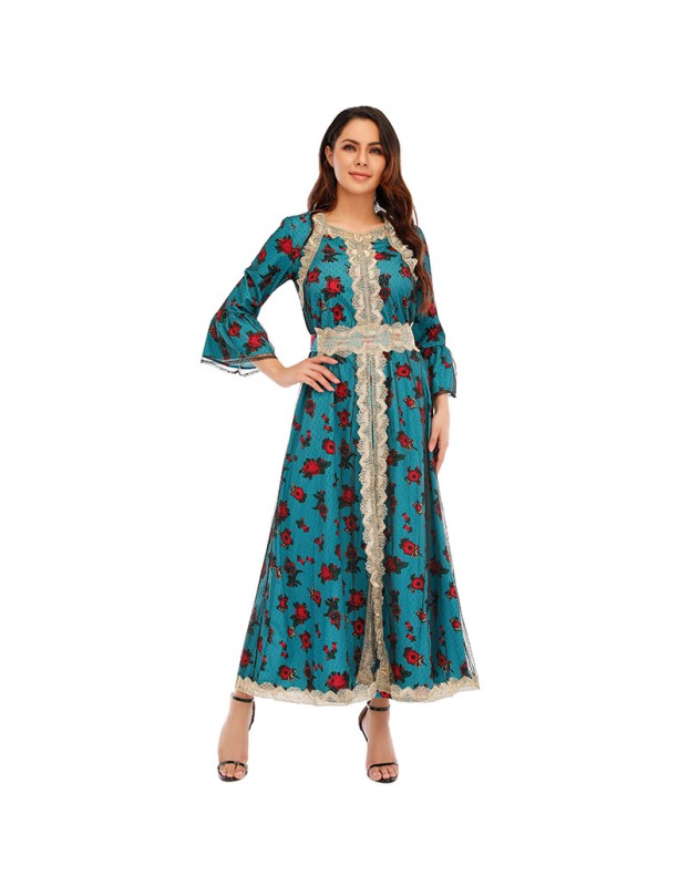 African Design Print Mesh Muslim Clothing Elegant Floral Women Party Dress 21275