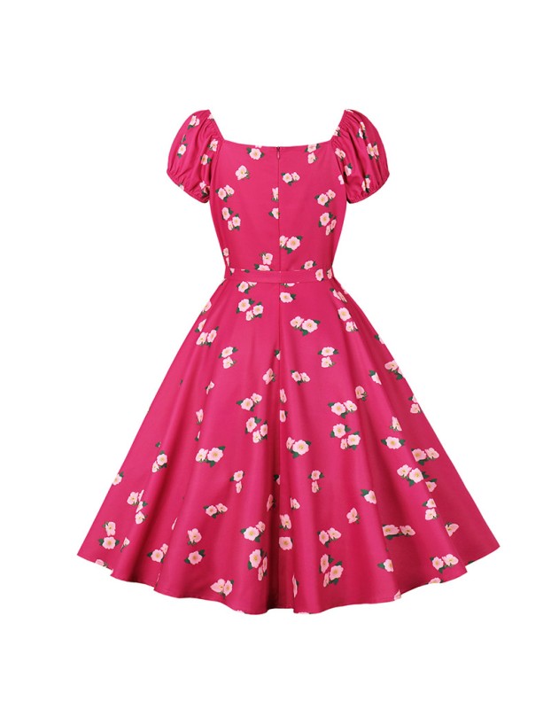 Princess Style Sweet Front Strap Waist Short Sleeve Eight Piece Swing Dress 5136