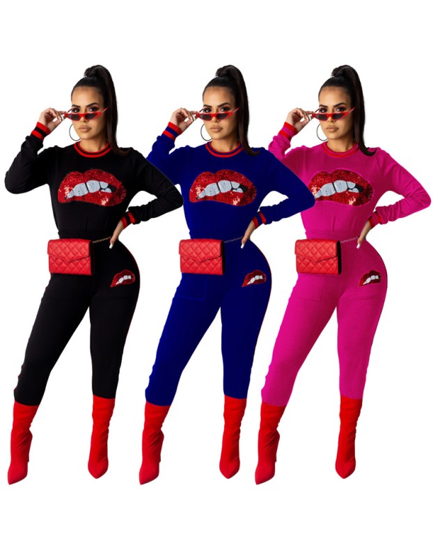 Fashion red lips 2 piece set women casual suit M8511