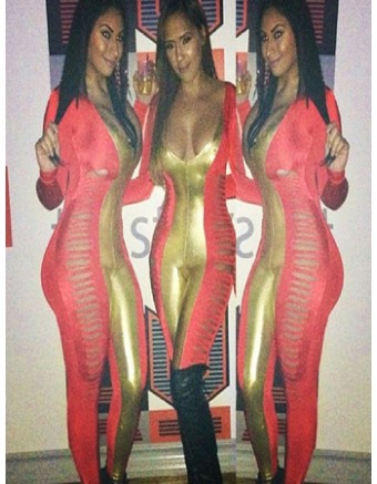 Gold Panel Cut Out Jumpsuit Catsuit M3857