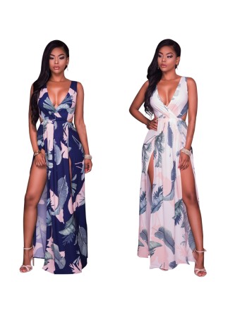 Lady summer maxi long dress Tie back Deep V neck slip up dress for women