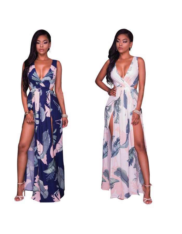 Lady summer maxi long dress Tie back Deep V neck slip up dress for women