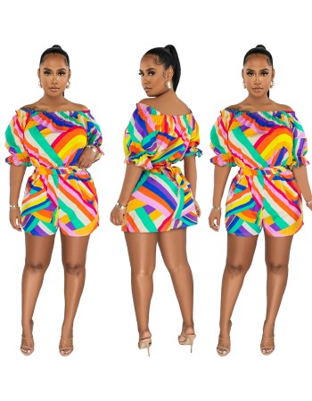 High Quality Women's Colorful Printed One Shoulder Loose Jumpsuit 9415