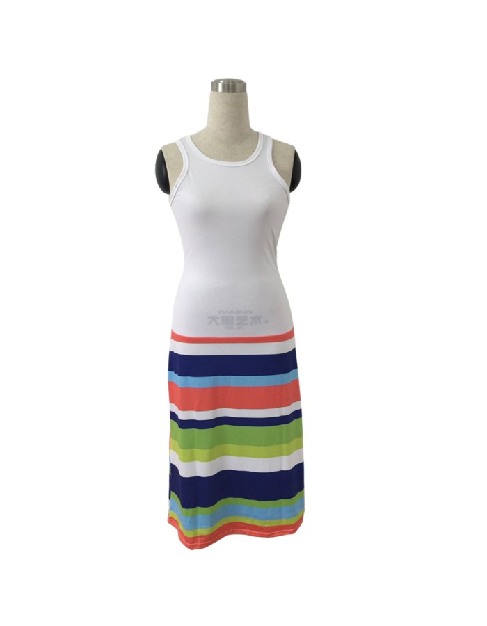 Summer high waist rainbow striped sleeveless beach wear dress