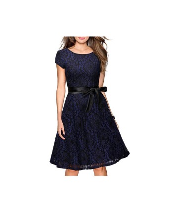 Summer Retro Design Rond Neck Lace Ladies Dress with Satin Belt M17874