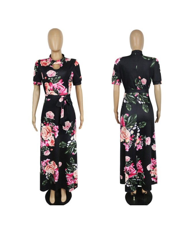 Casual Short Sleeve Long Boho Floral Print Maxi Dress M8410
