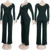 Womens Solid Sexy Deep V Neck Full Sleeve Jumpsuits Belt M9202