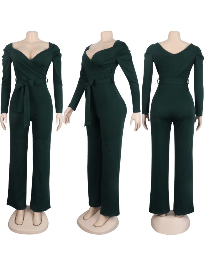 Womens Solid Sexy Deep V Neck Full Sleeve Jumpsuits Belt M9202
