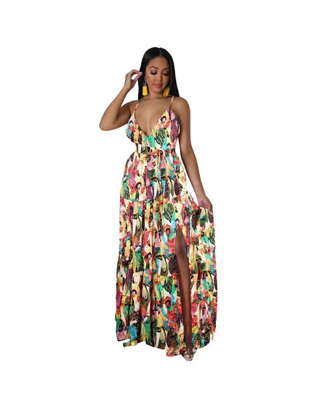European And American Fashion Women's Print Halter Long Dress 9400