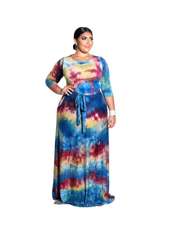 5XL 6XL Lady Elegant Sexy V Neck Floral Print Bandage Long Maxi Dress M9026