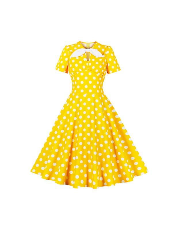 Hepburn Style Round Neck Bow Lace Up Polka Dot Retro Swing Dress Woman 5157