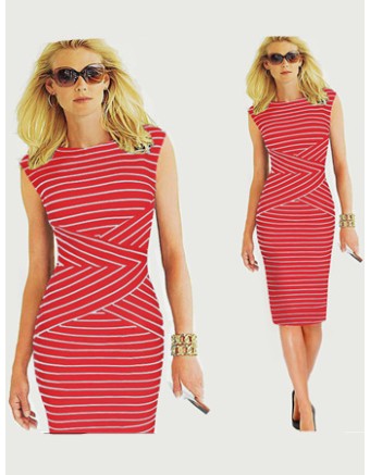 Adult Women Midi Stripe Pattern OL Tight Dress M30207