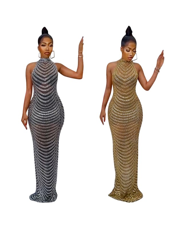 See Through Women Sexy Backless Hot Diamond Elegant Party Dress X5259