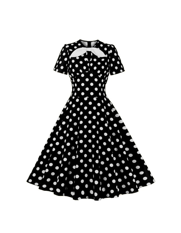 Hepburn Style Round Neck Bow Lace Up Polka Dot Retro Swing Dress Woman 5157