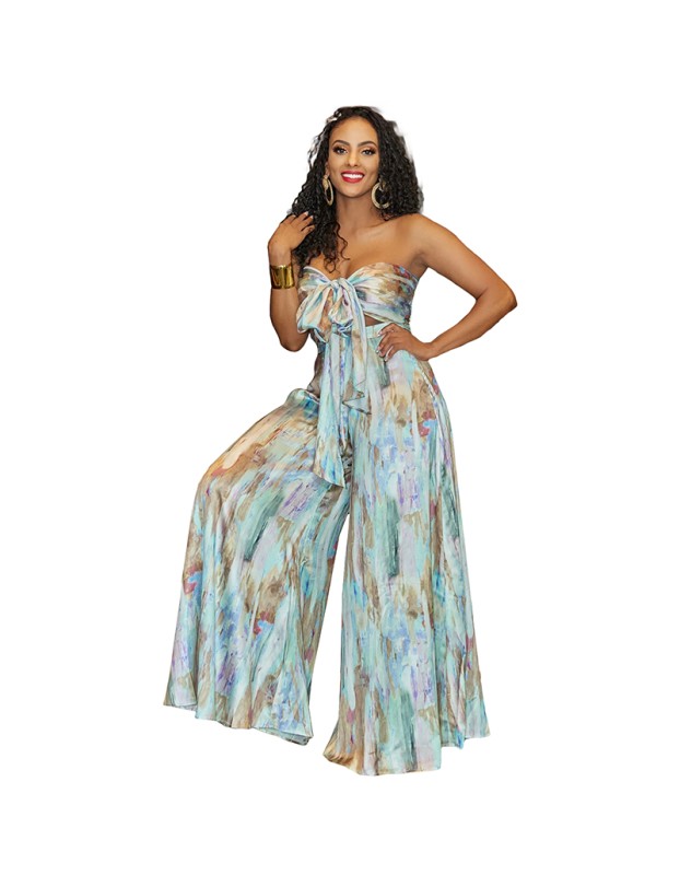 Sexy Women Print Strapless Midriff Two Piece Wide Leg Pants Set 9426