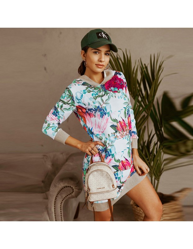 Sweatshirt Hooded Contrast Color Print Loose Long Sleeve Casual Dresses LQ153