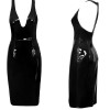 S-6XL Sexy Deep V Knee-Length Women Leather Dress M7311