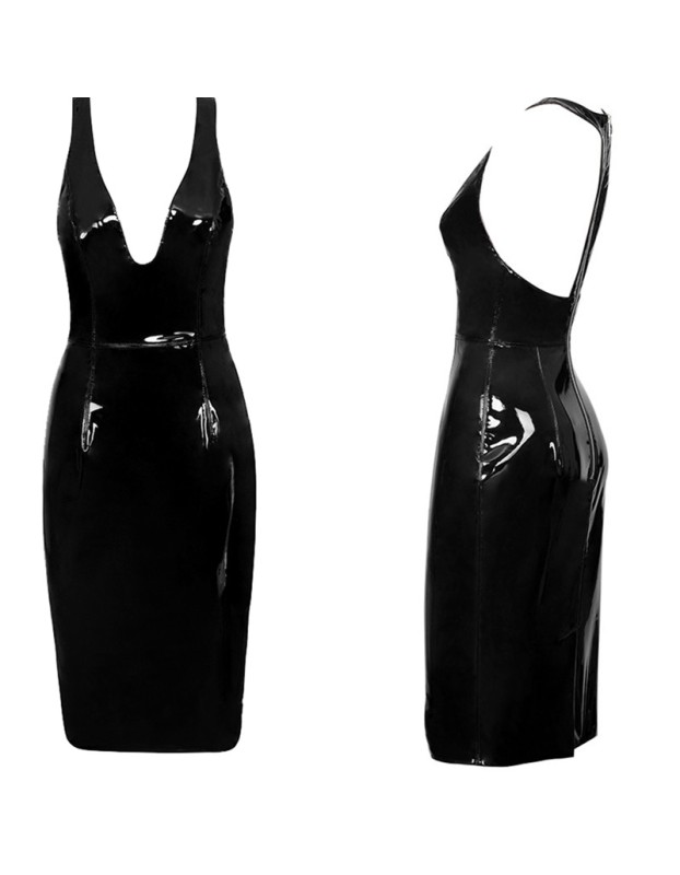 S-6XL Sexy Deep V Knee-Length Women Leather Dress M7311