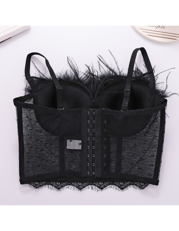 Fashion Lace Mesh Suspender Hollowed Out Vest Sexy Feather Wipe Chest KN8058