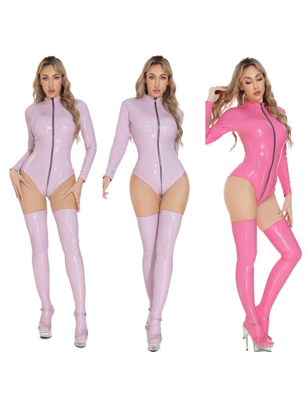 Women Sexy Zipper Jumpsuit Mirror Dazzling Open Crotch Bright Leather Bodysuit XX6916-1