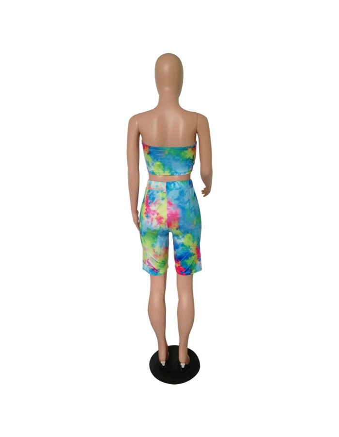 Women Sexy Two Piece Set Colorful Print Tube Top And Knee Length Pants m8418