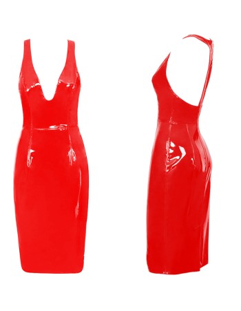 S-6XL Sexy Deep V Knee-Length Women Leather Dress M7311