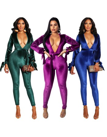 Sexy Jumpsuit Bandage V-neck long-sleeve Velvet sexy backless jumpsuit M8290