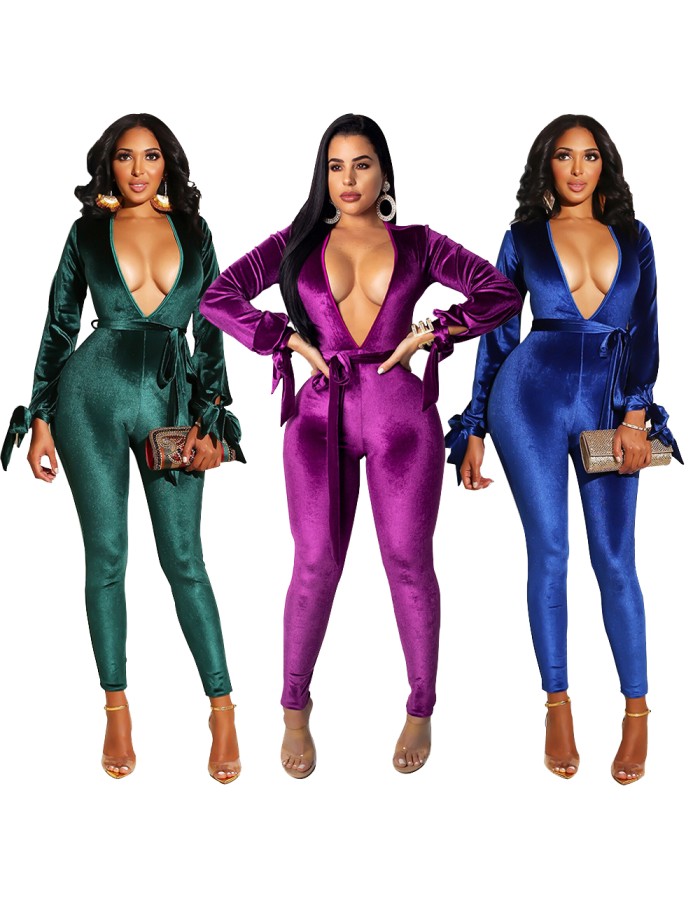 Sexy Jumpsuit Bandage V-neck long-sleeve Velvet sexy backless jumpsuit M8290