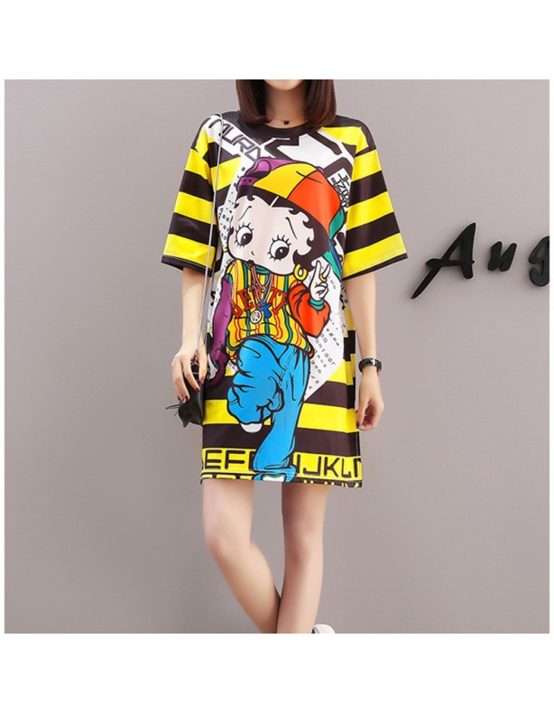 Women Summer Cartoon Print T-Shirts Dress M8341