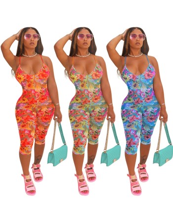 V-neck floral print halter sexy women romper jumpsuit M30123